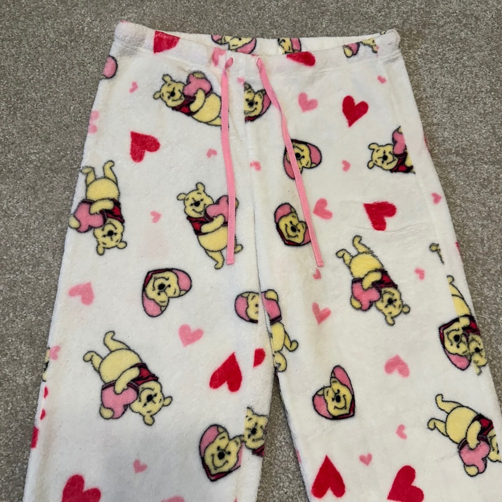 Disney Winnie the Pooh Plush Fleece Pajama Pants White Hearts Womens Large - Picture 2 of 4